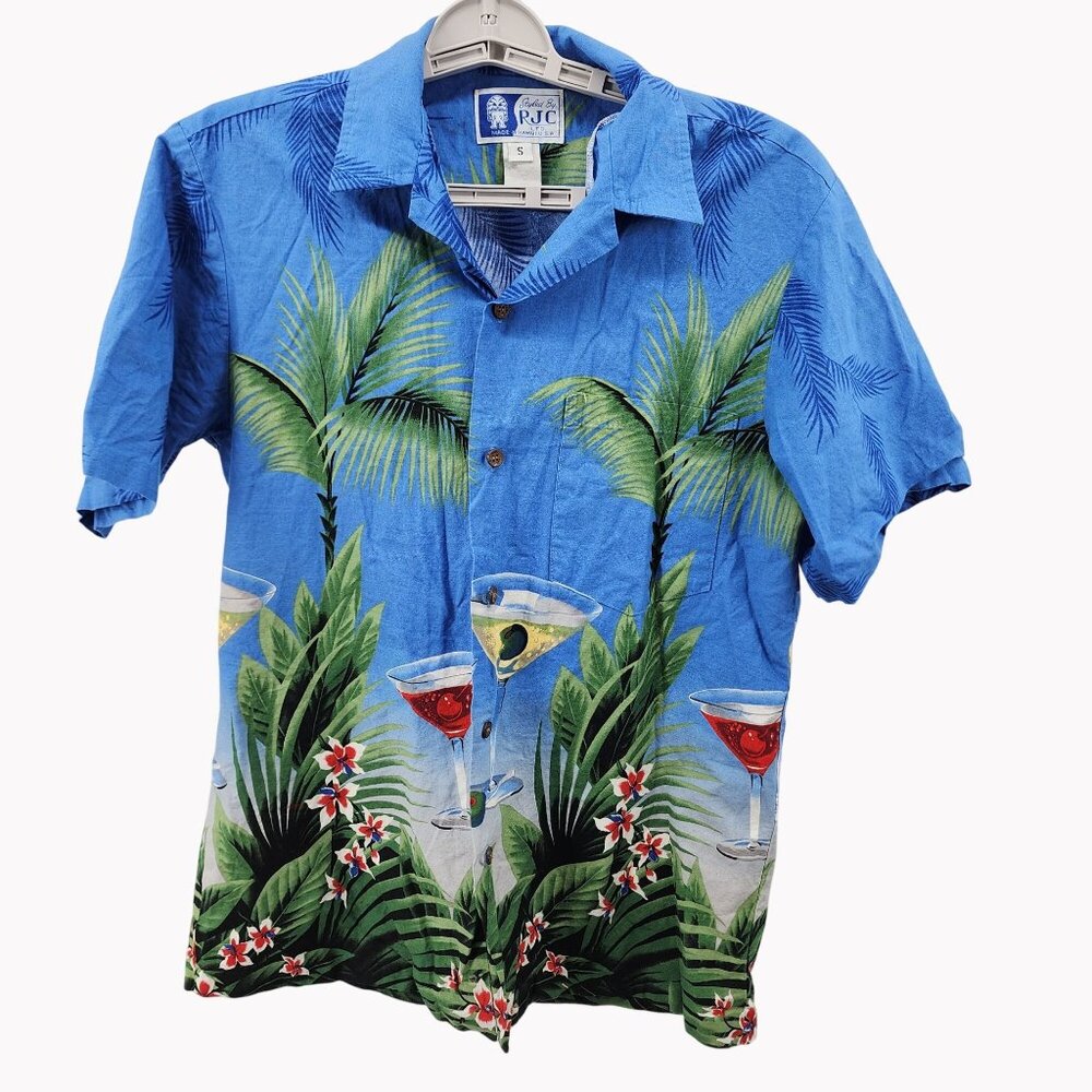 RJC Hawaii Mens Small Hawaiian Shirt Blue Tropical Margarita Palm Print